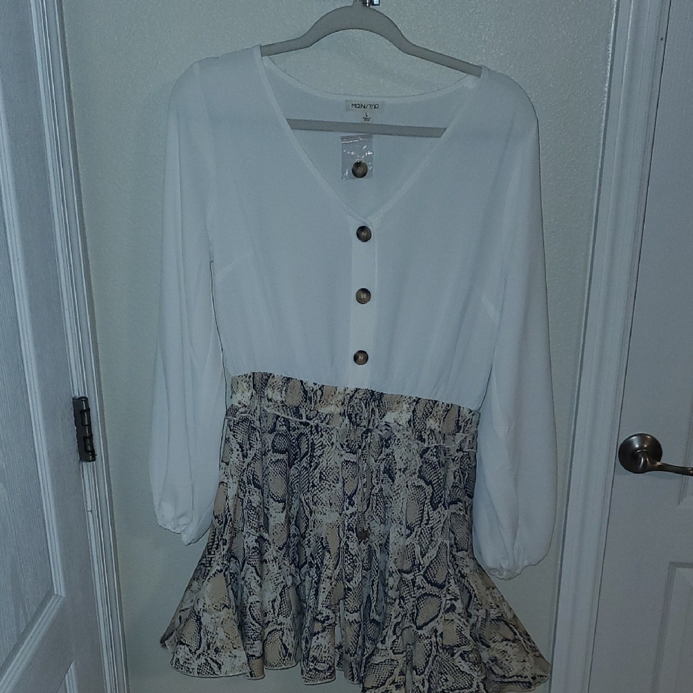 White and Tan Button-Down Blouse by Lush